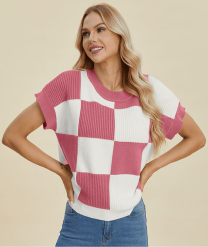 Double Take Full Size Checkered Round Neck Short Sleeve Sweater | Tops | 10