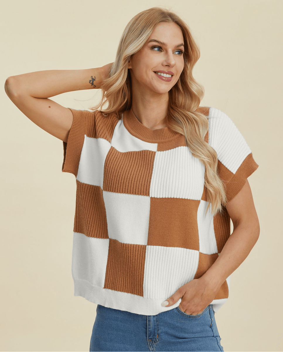 Double Take Full Size Checkered Round Neck Short Sleeve Sweater | Tops | 14