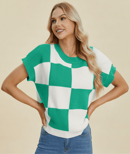 Double Take Full Size Checkered Round Neck Short Sleeve Sweater | Tops | 18