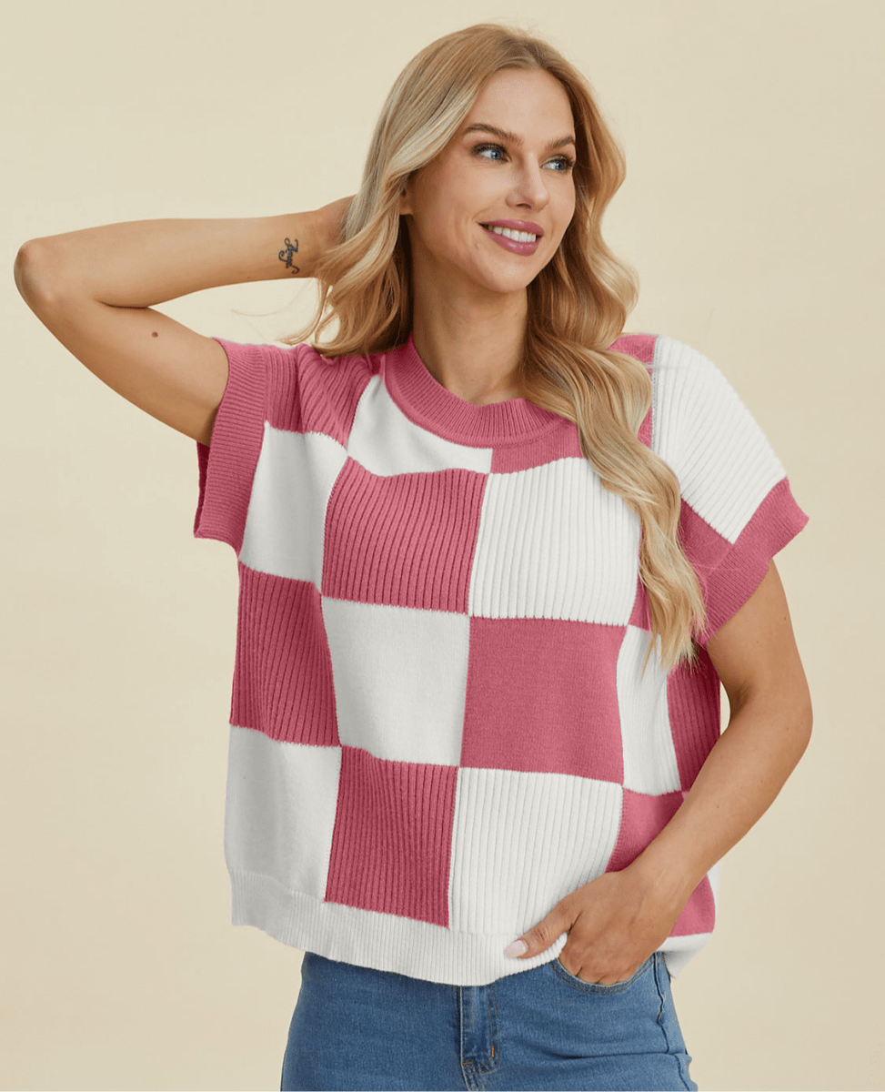 Double Take Full Size Checkered Round Neck Short Sleeve Sweater | Tops | 8