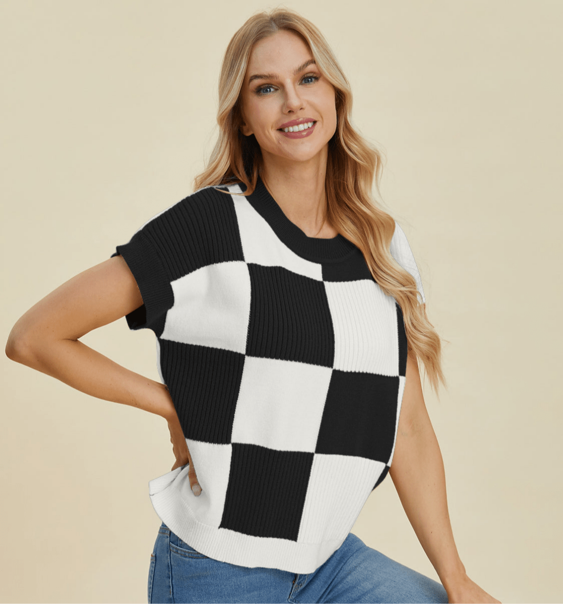 Double Take Full Size Checkered Round Neck Short Sleeve Sweater | Tops | 4