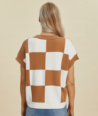 Double Take Full Size Checkered Round Neck Short Sleeve Sweater | Tops | 15