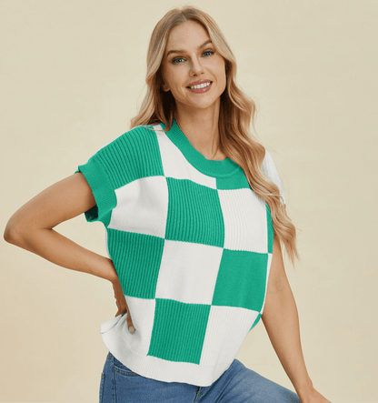 Double Take Full Size Checkered Round Neck Short Sleeve Sweater | Tops | 17