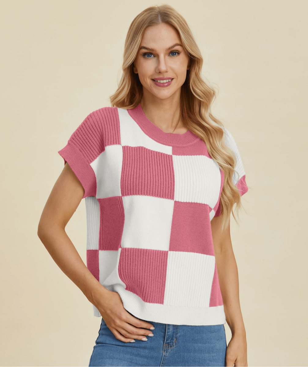 Double Take Full Size Checkered Round Neck Short Sleeve Sweater | Tops | 6