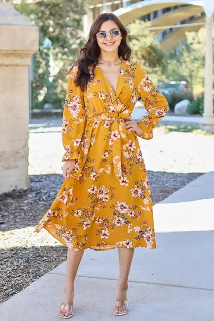 Double Take Full Size Floral Tie Back Flounce Sleeve Dress - Caramel / S - Dresses