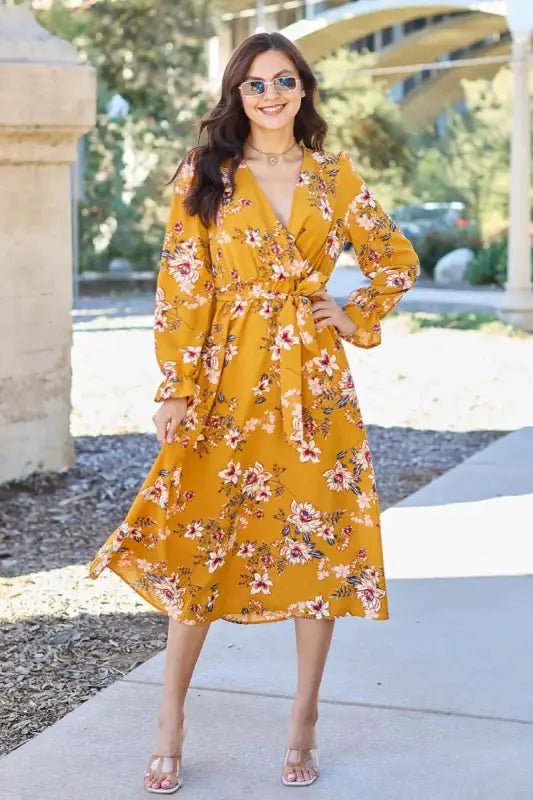 Double Take Full Size Floral Tie Back Flounce Sleeve Dress - Caramel / S - Dresses