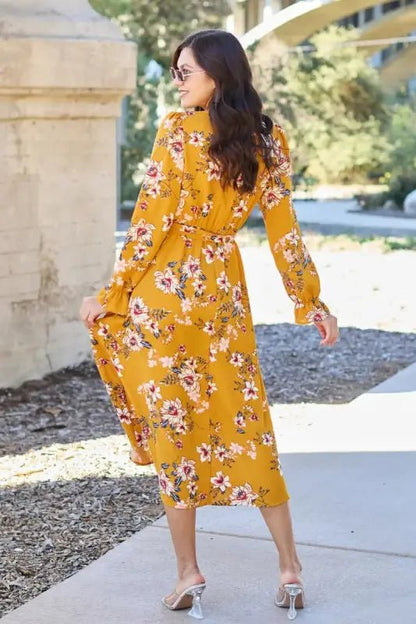 Double Take Full Size Floral Tie Back Flounce Sleeve Dress - Dresses