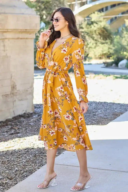 Double Take Full Size Floral Tie Back Flounce Sleeve Dress - Dresses