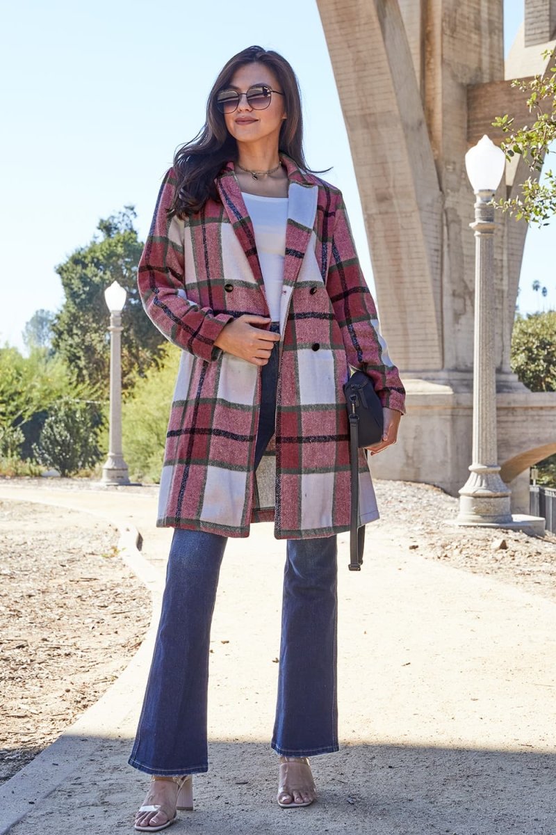 Double Take Full Size Plaid Button Up Lapel Collar Coat | Coats | 22