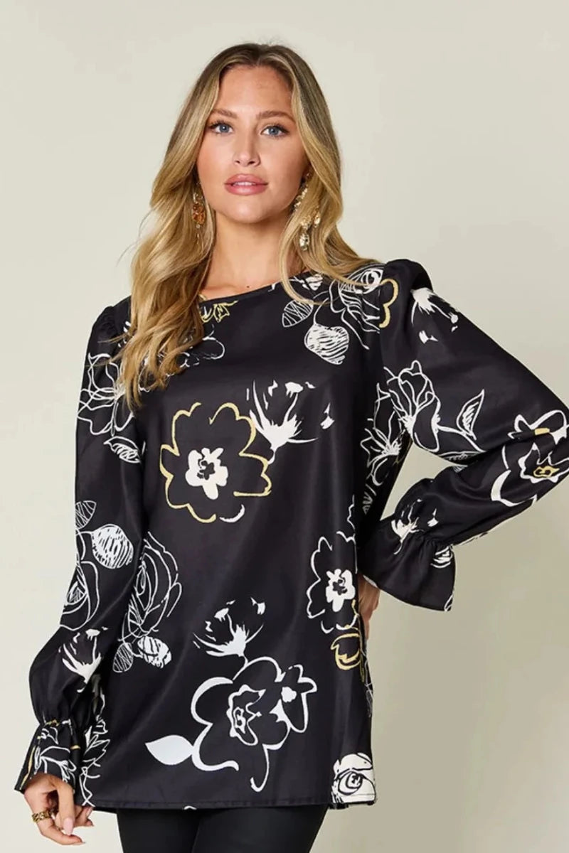 Double Take Full Size Printed Flounce Sleeve Blouse | Tops | 1