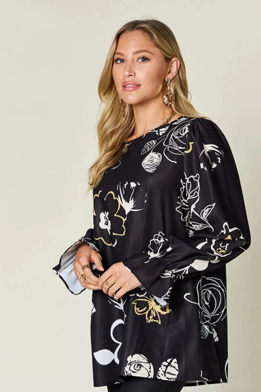 Double Take Full Size Printed Flounce Sleeve Blouse | Tops | 2
