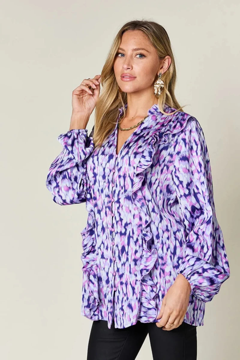 Double Take Full Size Printed Ruffle Trim Balloon Sleeve Shirt | Tops | 18