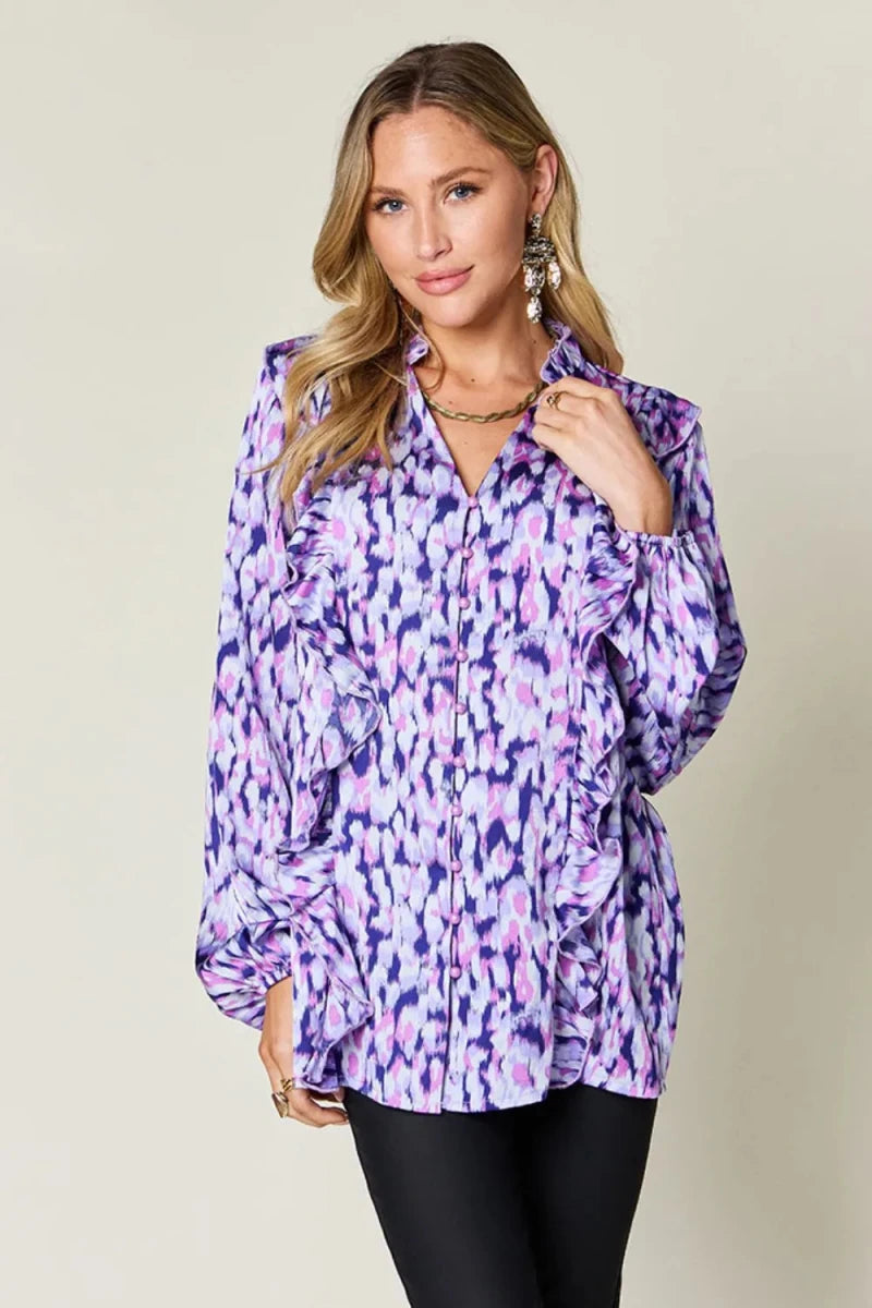 Double Take Full Size Printed Ruffle Trim Balloon Sleeve Shirt | Tops | 17