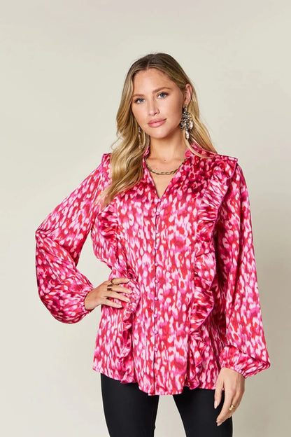 Double Take Full Size Printed Ruffle Trim Balloon Sleeve Shirt | Tops | 13