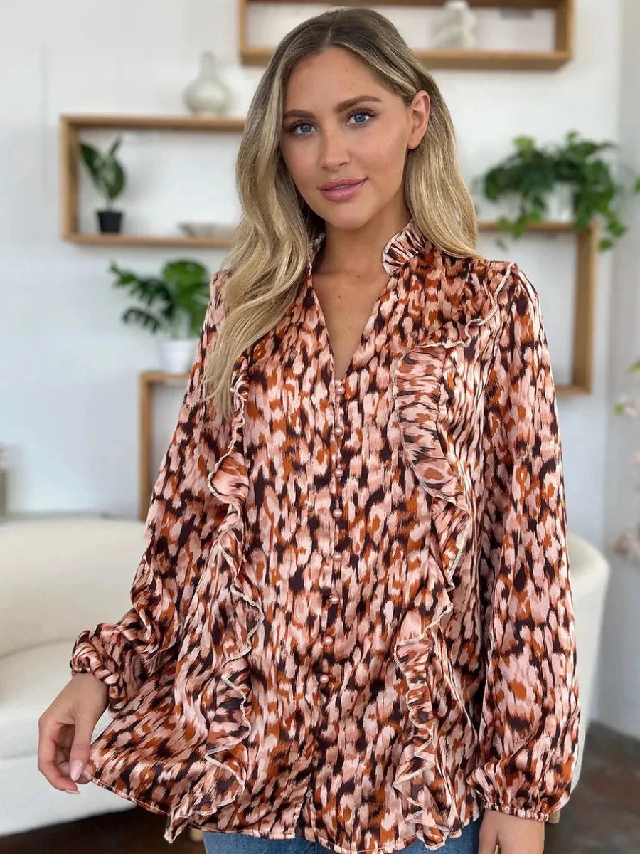 Double Take Full Size Printed Ruffle Trim Balloon Sleeve Shirt | Tops | 9