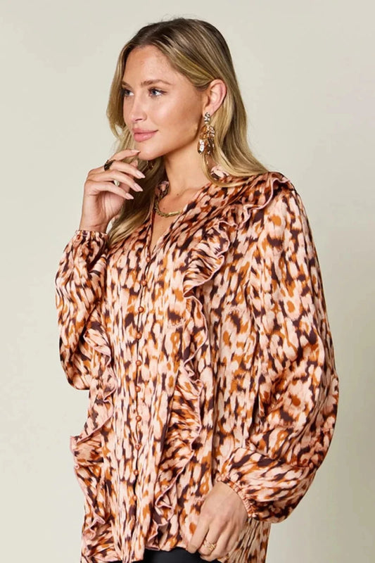 Double Take Full Size Printed Ruffle Trim Balloon Sleeve Shirt | Tops | 2