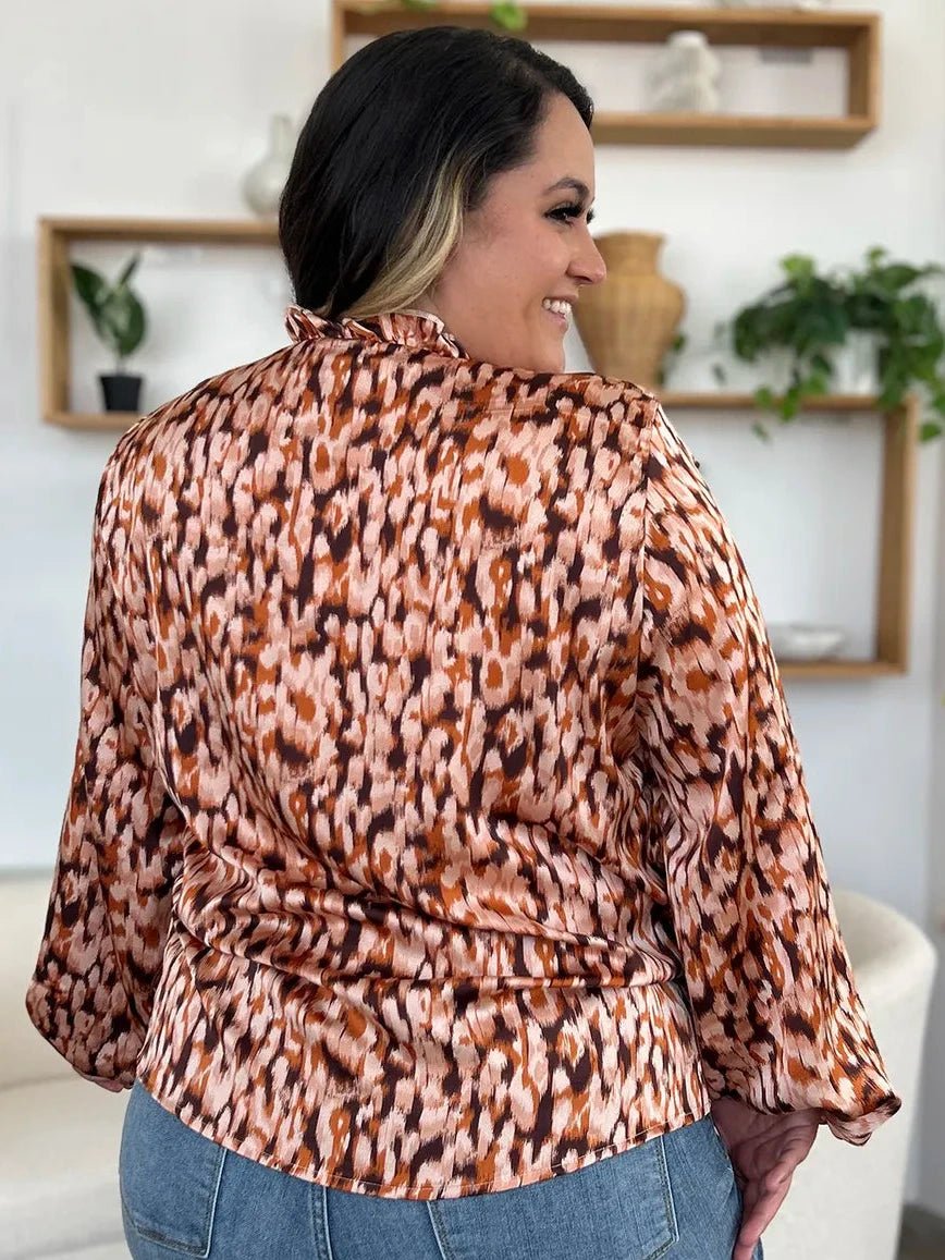 Double Take Full Size Printed Ruffle Trim Balloon Sleeve Shirt | Tops | 8