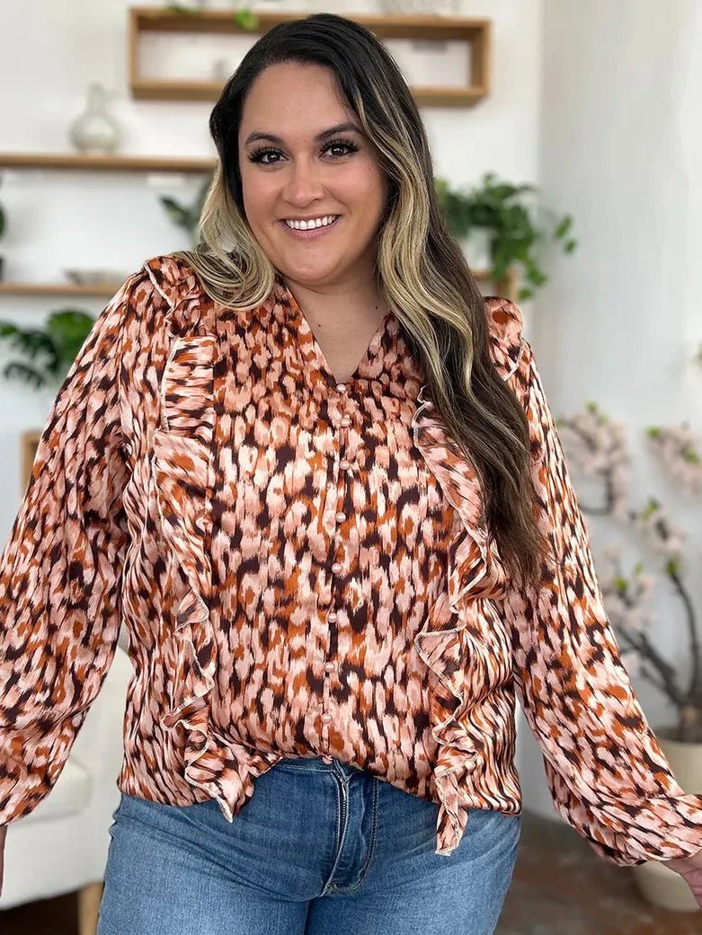 Double Take Full Size Printed Ruffle Trim Balloon Sleeve Shirt | Tops | 7