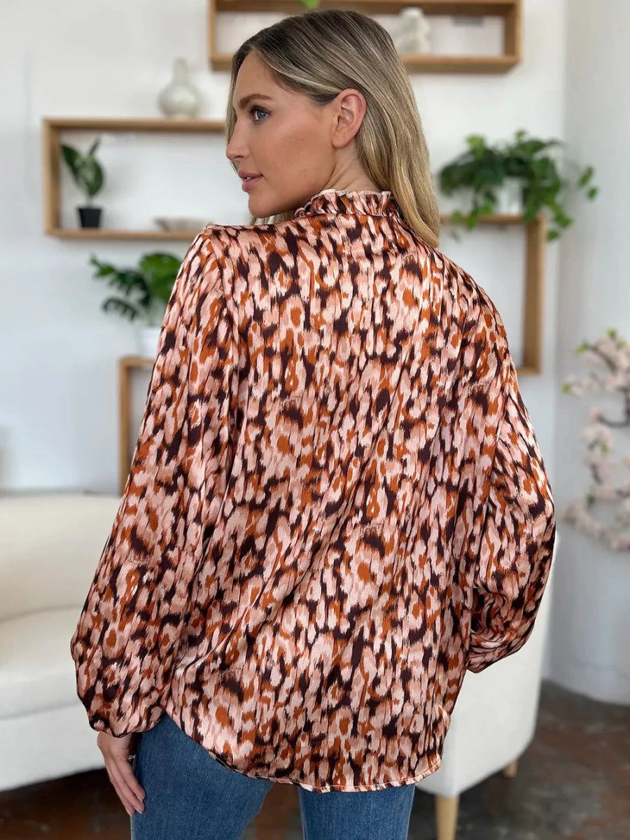 Double Take Full Size Printed Ruffle Trim Balloon Sleeve Shirt | Tops | 12