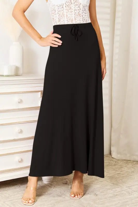Double Take Full Size Soft Rayon Drawstring Waist Maxi Skirt - Black / S - Skirts