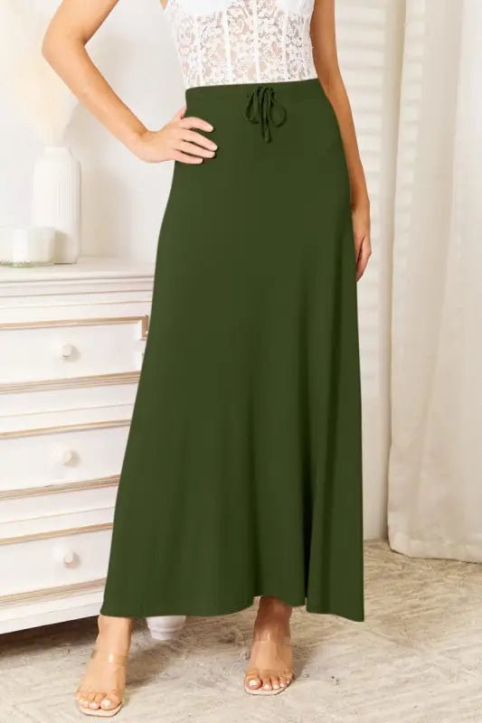 Double Take Full Size Soft Rayon Drawstring Waist Maxi Skirt - Dark Green / S - Skirts