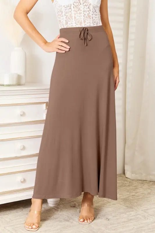 Double Take Full Size Soft Rayon Drawstring Waist Maxi Skirt - Mocha / S - Skirts