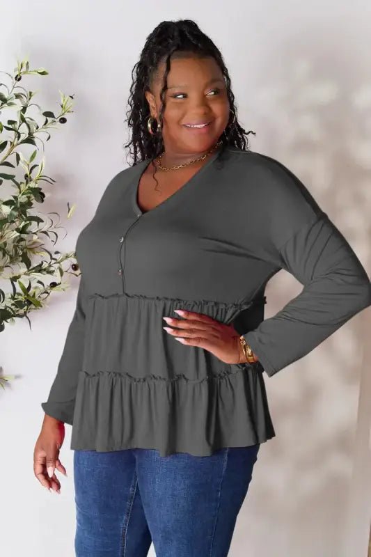Double Take Half Button Long Sleeve Ruffle Hem Blouse - Dark Gray / S - Tops