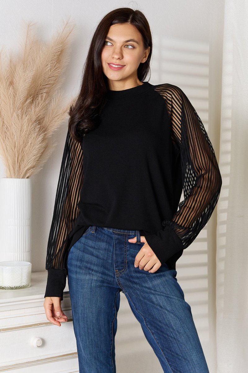 Double Take Round Neck Raglan Sleeve Blouse | Tops | 1