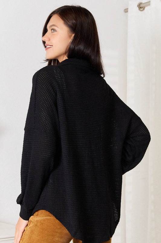 Double Take Waffle - Knit Collared Neck Dropped Shoulder Shirt | Tops | 2
