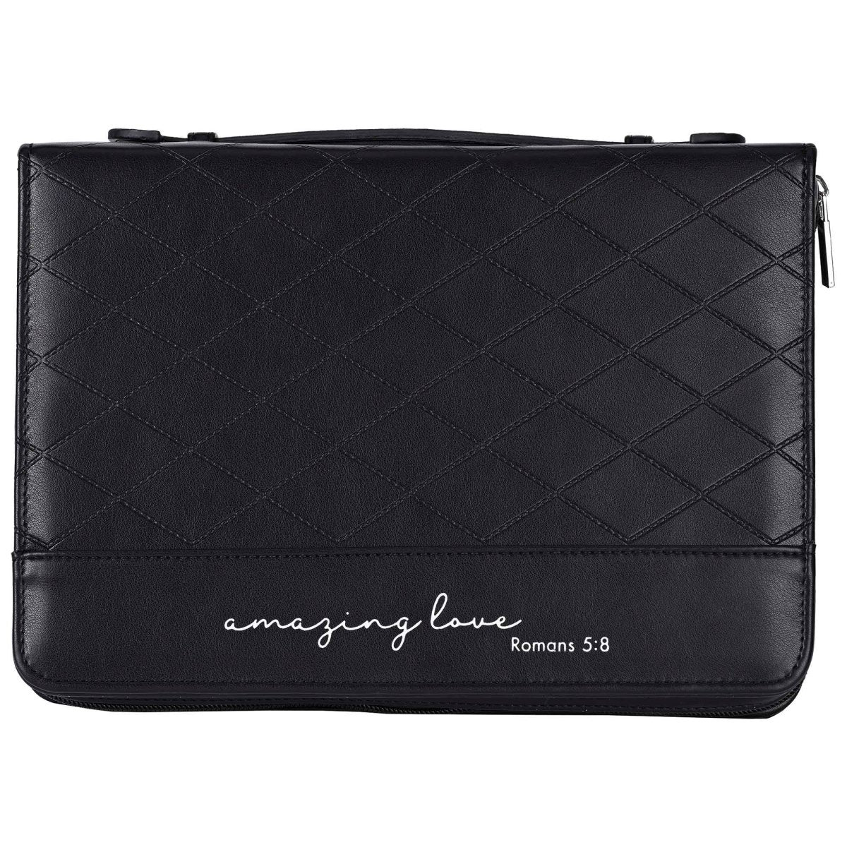 Extra Large Black Quilted Bible Cover – “Amazing Love” Romans 5:8 with Handle | Bible Covers | 1