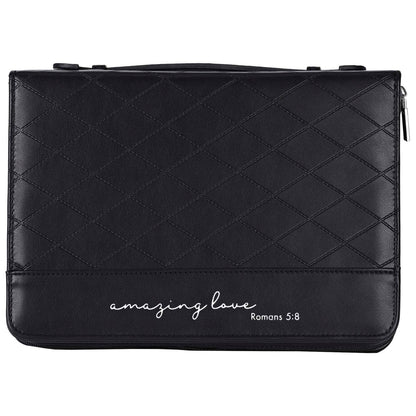 Extra Large Black Quilted Bible Cover – “Amazing Love” Romans 5:8 with Handle | Bible Covers | 1