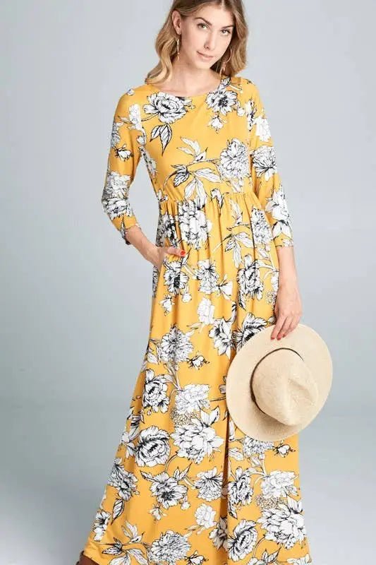 Floral Long Sleeved Maxi Dress - Dresses floral yellow maxi dress