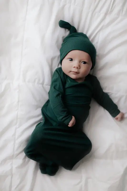 Forest Green Knotted Newborn Baby Gown by Three Little Tots - Unisex Onesies