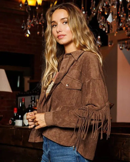 Fringed Faux Suede Jacket - Jackets brown fringed suede jacket