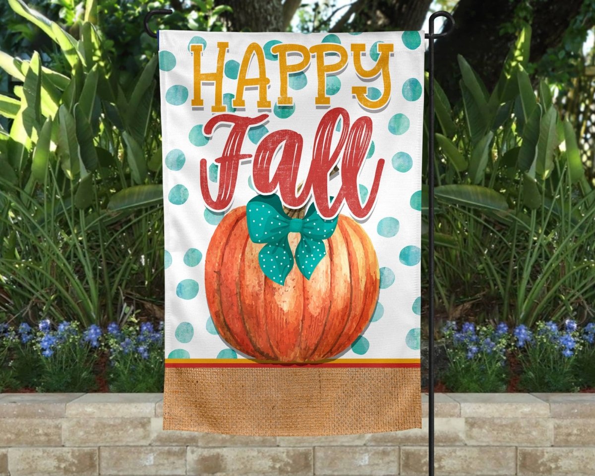 Garden Flag - Happy Fall Teal Dots and Bow | Yard Flags | 1