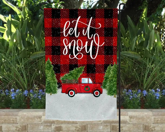 Garden Flag - Let it Snow Buffalo Plaid Truck and Trees - Yard Flags