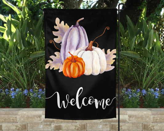 Garden Flag - Welcome Black with Three Pumpkins | Yard Flags | 1