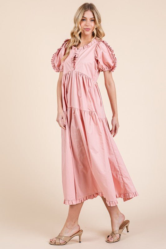 GeeGee Ruffle Trim Puff Sleeve Tiered Babydoll Midi Dress | Dresses | 5