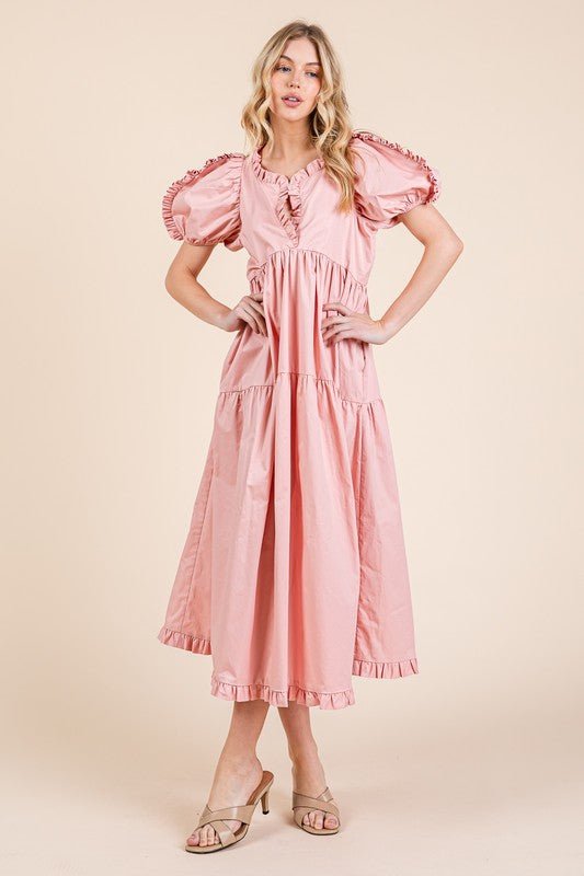 GeeGee Ruffle Trim Puff Sleeve Tiered Babydoll Midi Dress | Dresses | 2