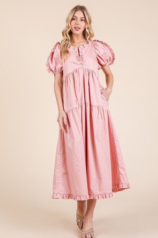 GeeGee Ruffle Trim Puff Sleeve Tiered Babydoll Midi Dress | Dresses | 3