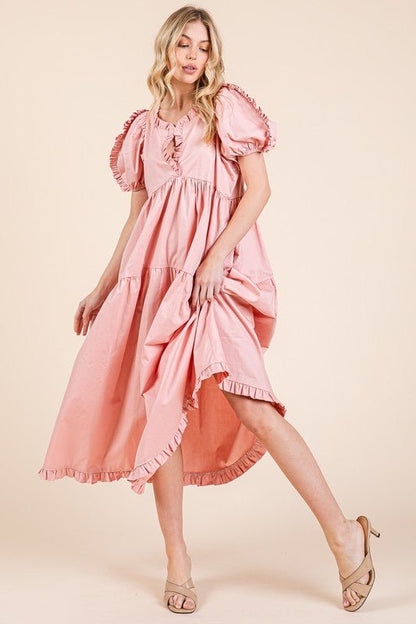 GeeGee Ruffle Trim Puff Sleeve Tiered Babydoll Midi Dress | Dresses | 4