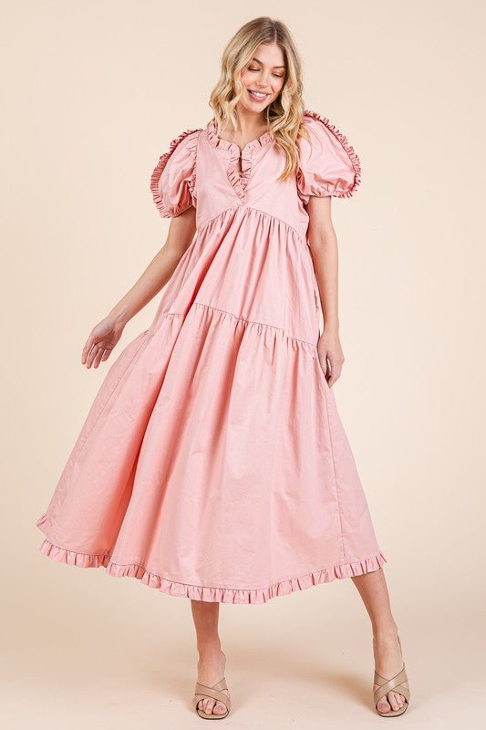 GeeGee Ruffle Trim Puff Sleeve Tiered Babydoll Midi Dress | Dresses | 1