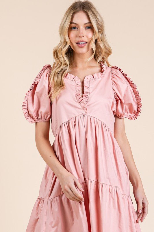 GeeGee Ruffle Trim Puff Sleeve Tiered Babydoll Midi Dress | Dresses | 7