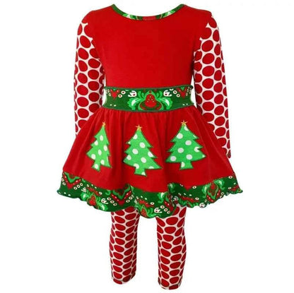 Girls Christmas Tree Damask Dress & Leggings Set