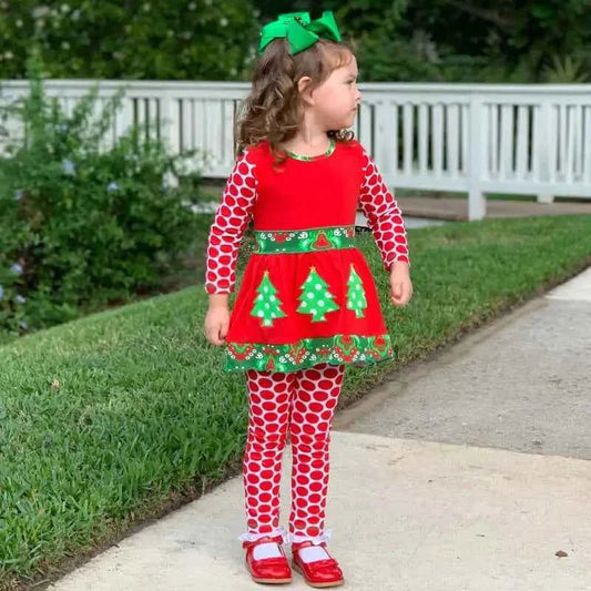 Girls Christmas Tree Damask Dress & Leggings Set