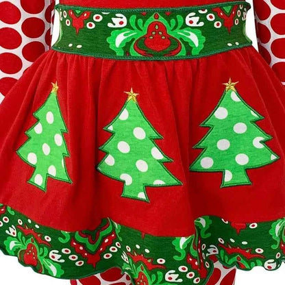 Girls Christmas Tree Damask Dress & Leggings Set