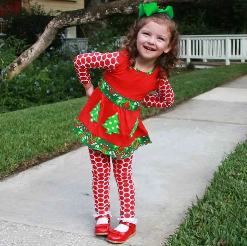 Girls Christmas Tree Damask Dress & Leggings Set