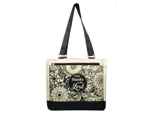Give Thanks Tote Bag - Purses tote bag black white floral