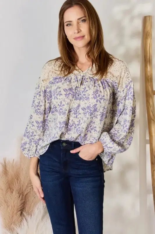 Hailey & Co Full Size Lace Detail Printed Blouse - LILAC / S - Tops