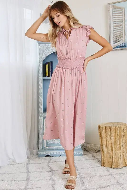 Hailey Floral Print Midi Dress - Small - Dresses pink midi dress smocked waist